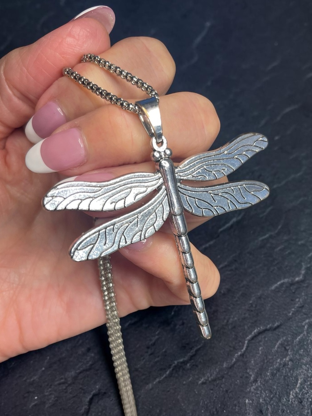 Large Silver Tone Dragonfly Pendant Statement Necklace
